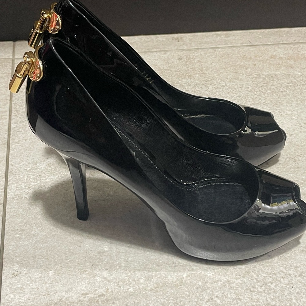 Louis Vuitton Oh Really Black Patent LV Lock Peep Toe